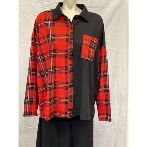 Julia by Love J Womens Red Black Plaid Solid Button Up Top Size M Long Sleeve
